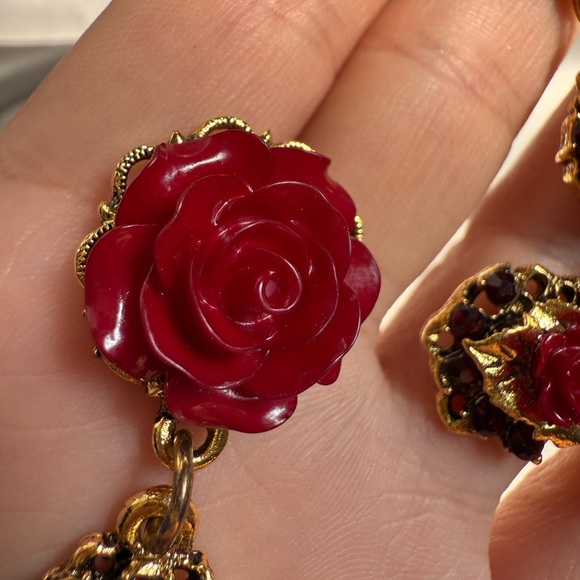 Unique anthropology flora vintage gold Red Rose Cross Earrings - Picture 9 of 10